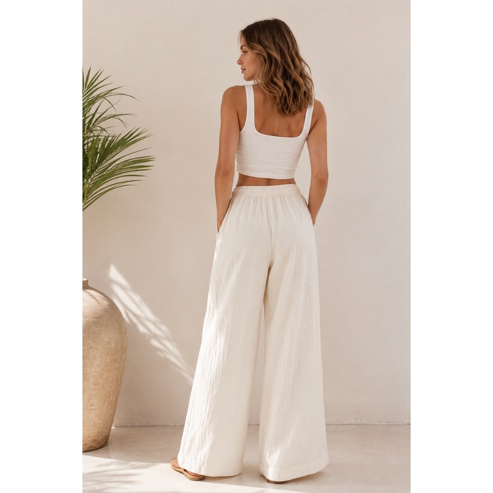 Madewell Double Gauze Wide-Leg Pants S Cream Pull-On Drawstring Beach Cotton - Picture 7 of 15